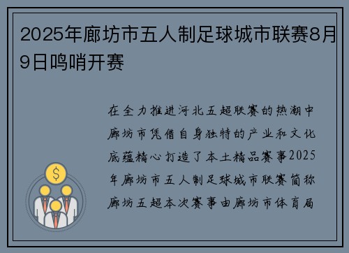 2025年廊坊市五人制足球城市联赛8月9日鸣哨开赛